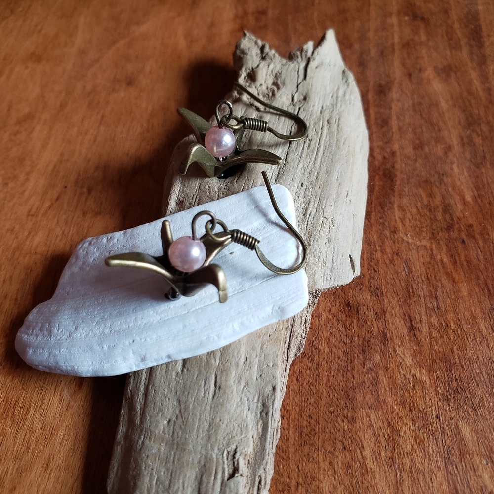 Handmade Rustic Antique Bronze & Pink Japanese Crane Bird spring Earrings